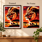 Framed and no-frame options for the golden lion sunset diamond painting