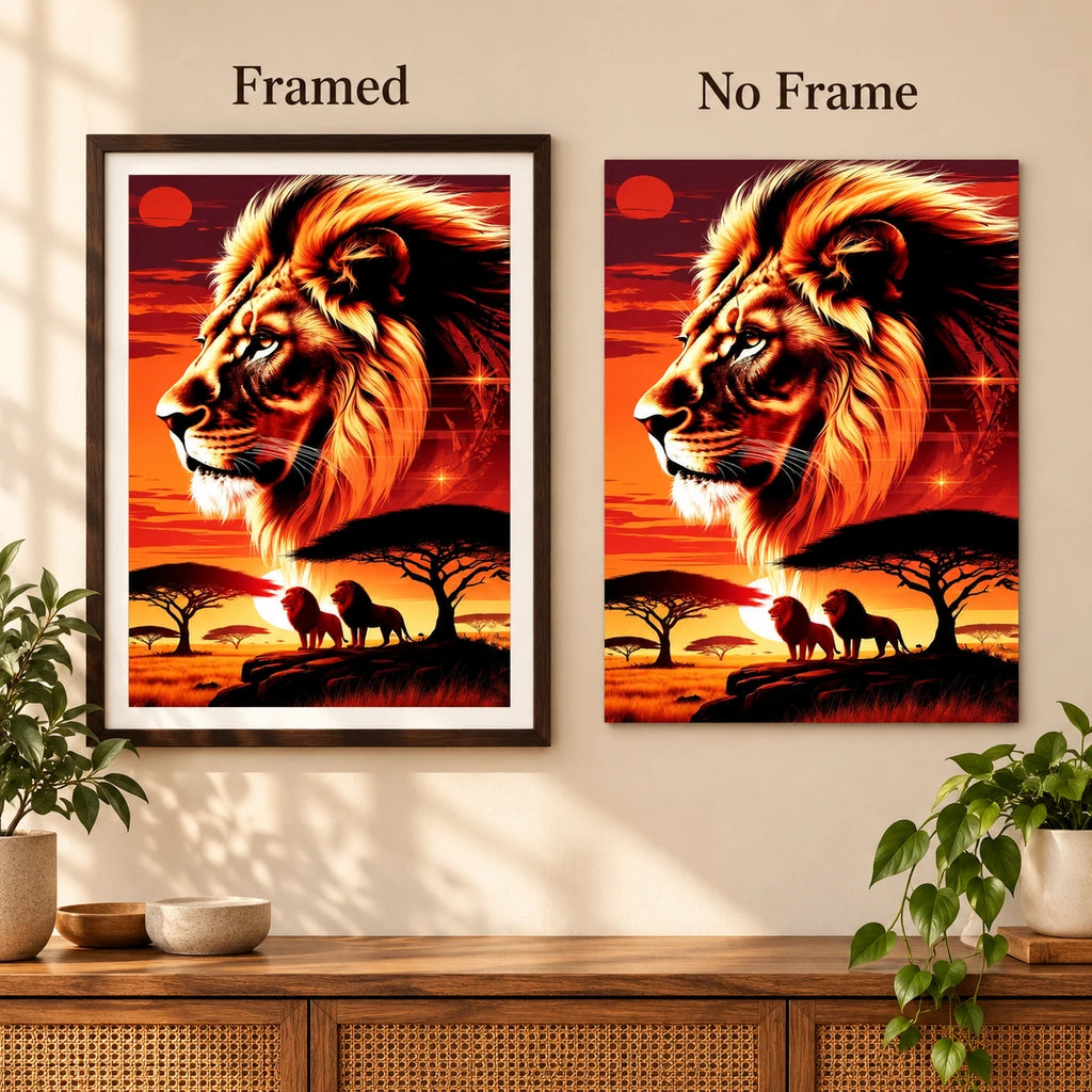 Framed and no-frame options for the golden lion sunset diamond painting