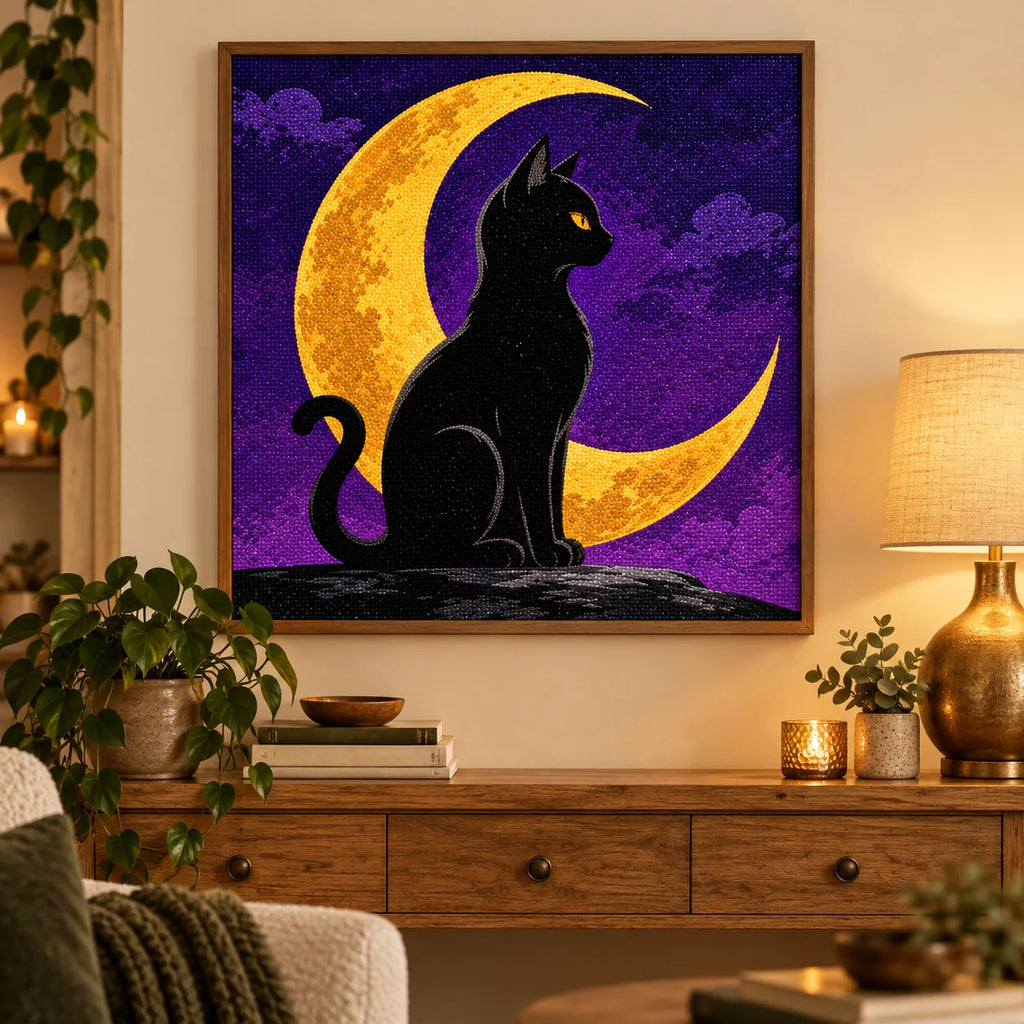 Home decor scene for Golden Moon Guardian Diamond Painting Kit