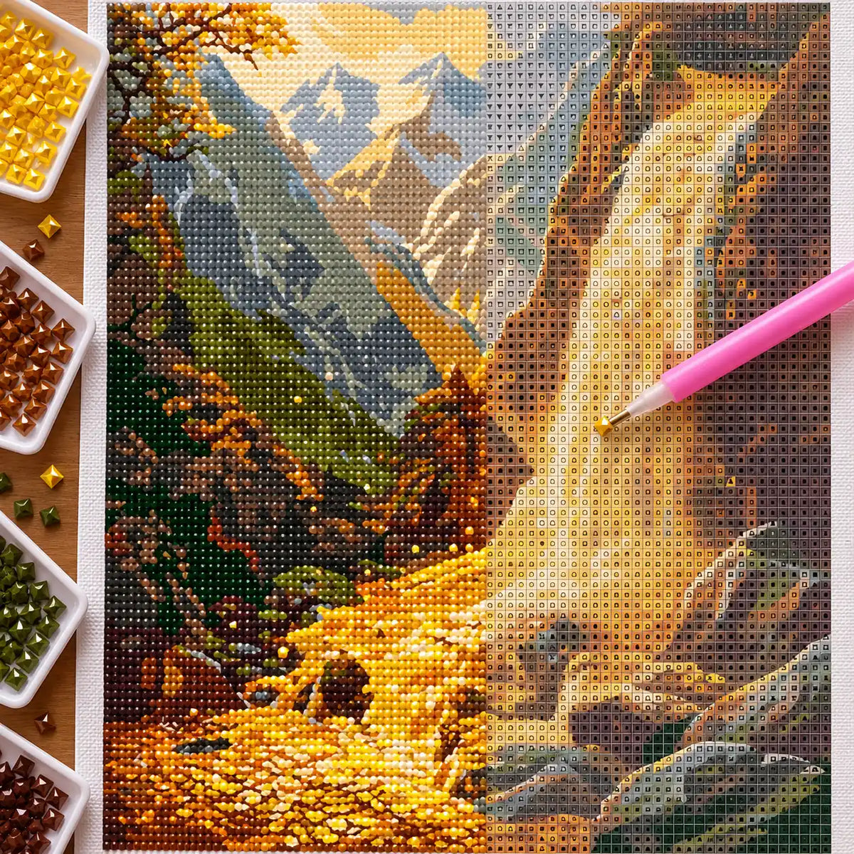 Diamond painting process for Golden Mountain Trail Diamond Painting Kit