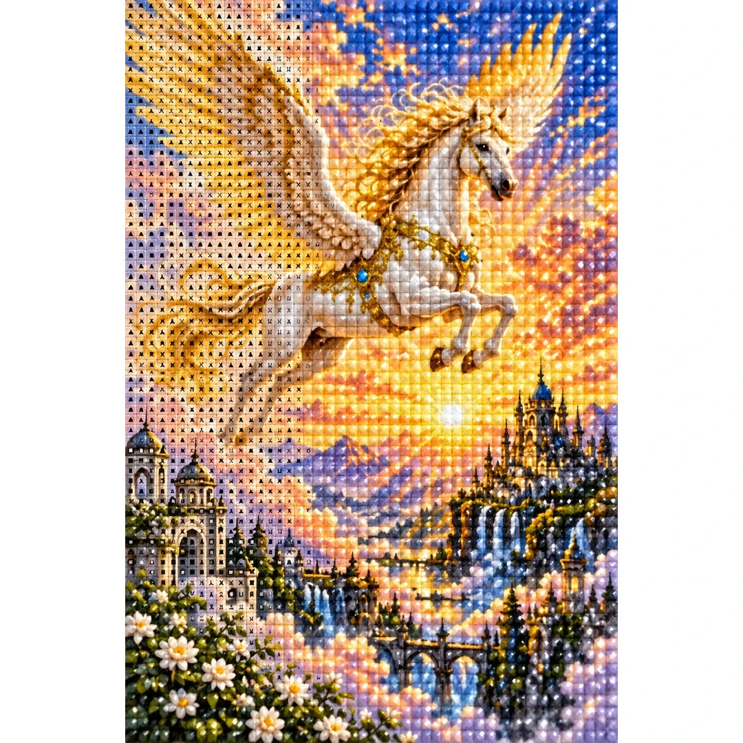 Golden Pegasus Sunrise Valley Diamond Painting Kit diamond and canvas detail