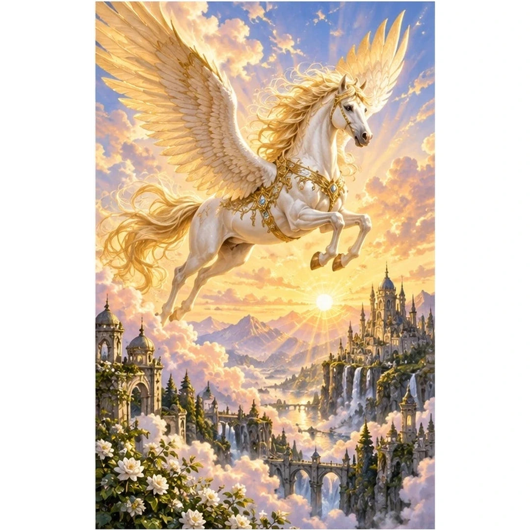 Golden Pegasus Sunrise Valley Diamond Painting Kit original artwork on white background