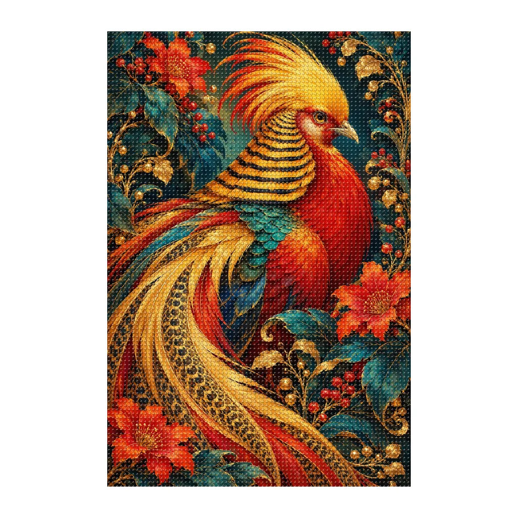Finished white-background diamond painting of Golden Pheasant Maple Plume