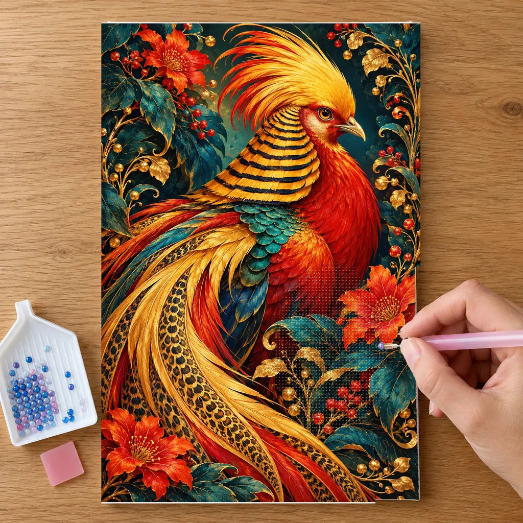 Hands placing drills on the Golden Pheasant Maple Plume diamond painting canvas
