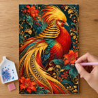 Hands placing drills on the Golden Pheasant Maple Plume diamond painting canvas
