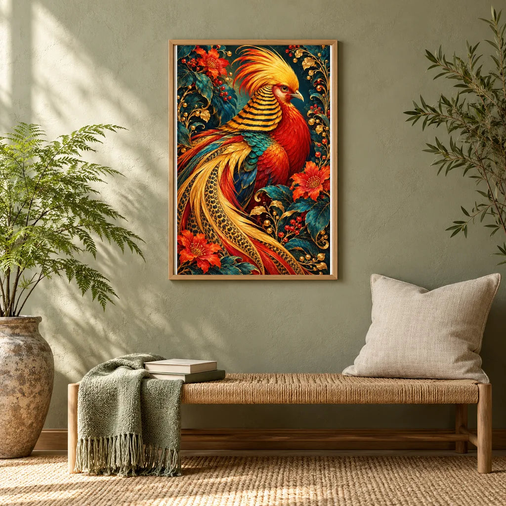 Framed Golden Pheasant Maple Plume diamond painting displayed in a home interior