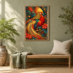 Framed Golden Pheasant Maple Plume diamond painting displayed in a home interior