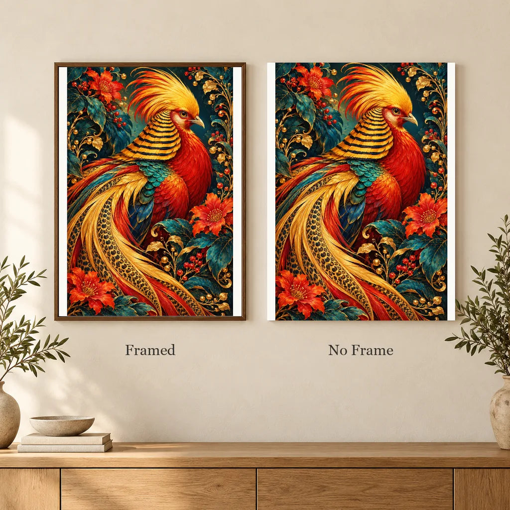 Framed and no-frame options for the Golden Pheasant Maple Plume diamond painting