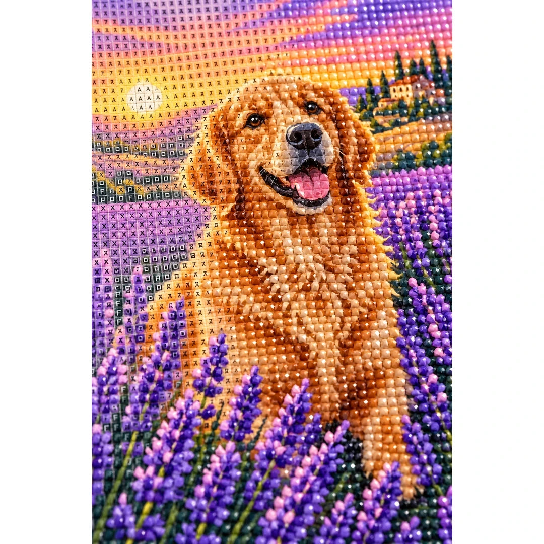 Golden Retriever Lavender Sunset Diamond Painting Kit diamond and canvas detail