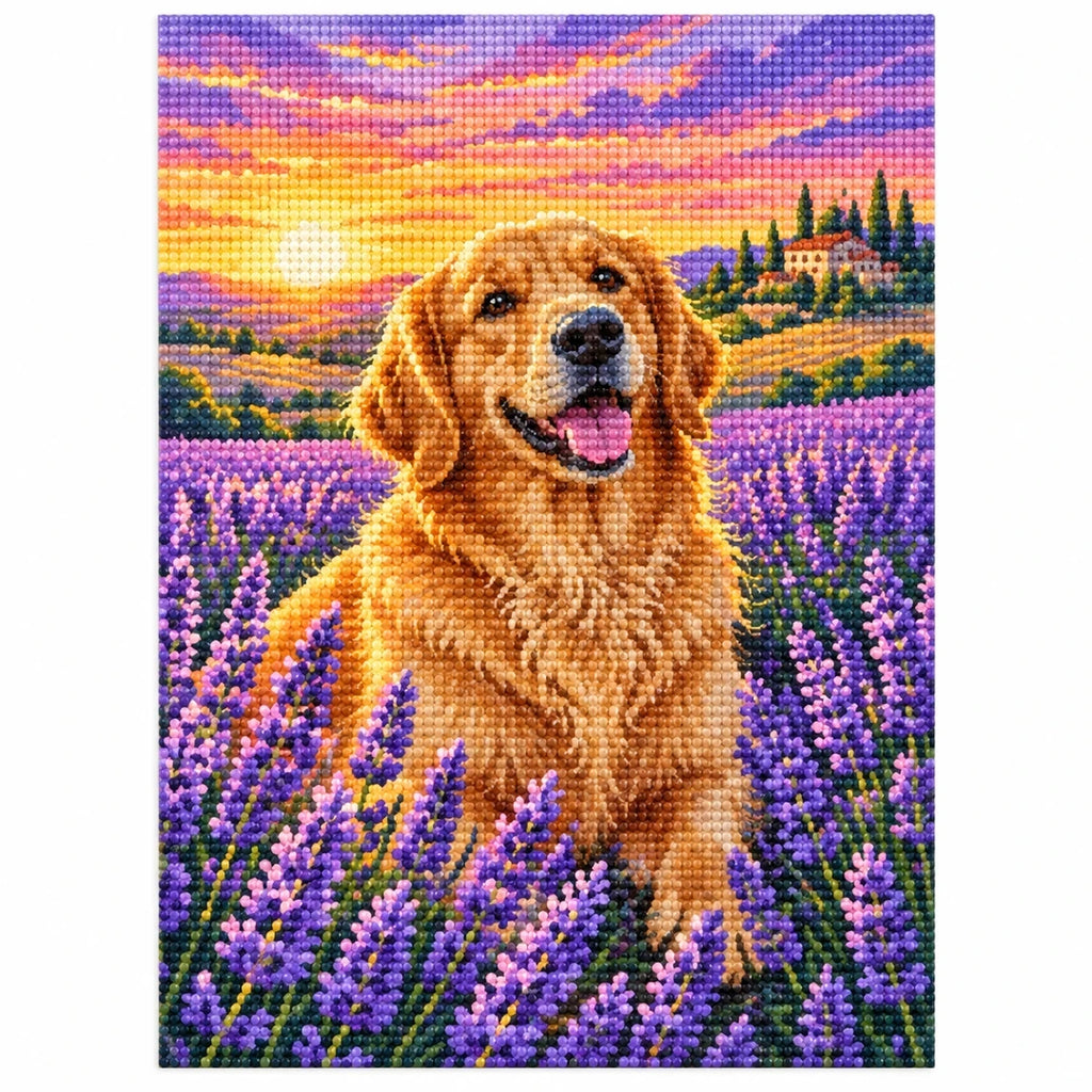 Golden Retriever Lavender Sunset Diamond Painting Kit finished diamond artwork on white background