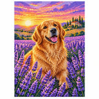 Golden Retriever Lavender Sunset Diamond Painting Kit finished diamond artwork on white background