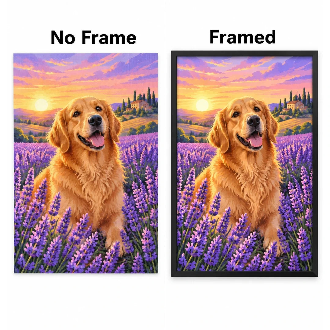 Golden Retriever Lavender Sunset Diamond Painting Kit No Frame and Framed comparison