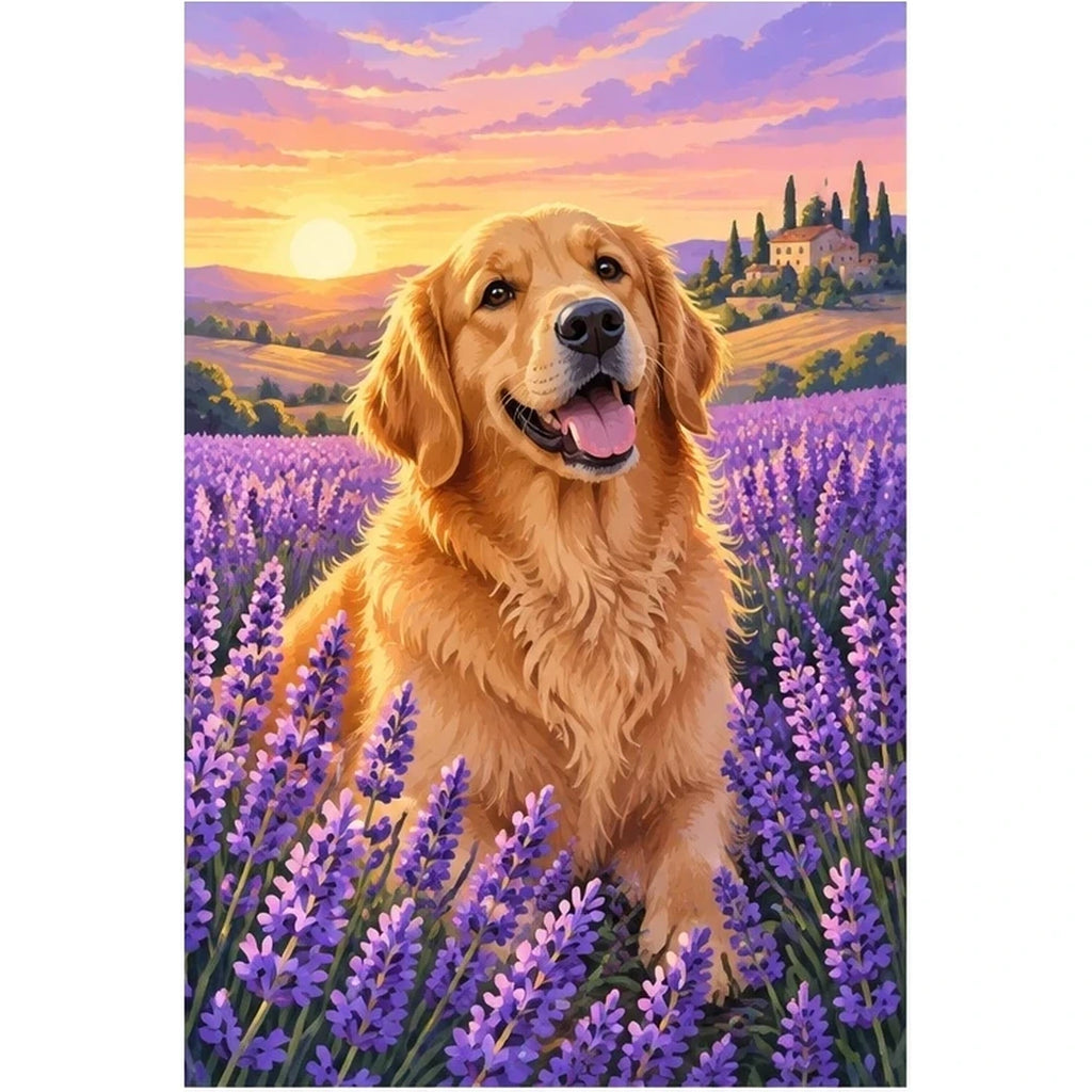 Golden Retriever Lavender Sunset original artwork on white background
