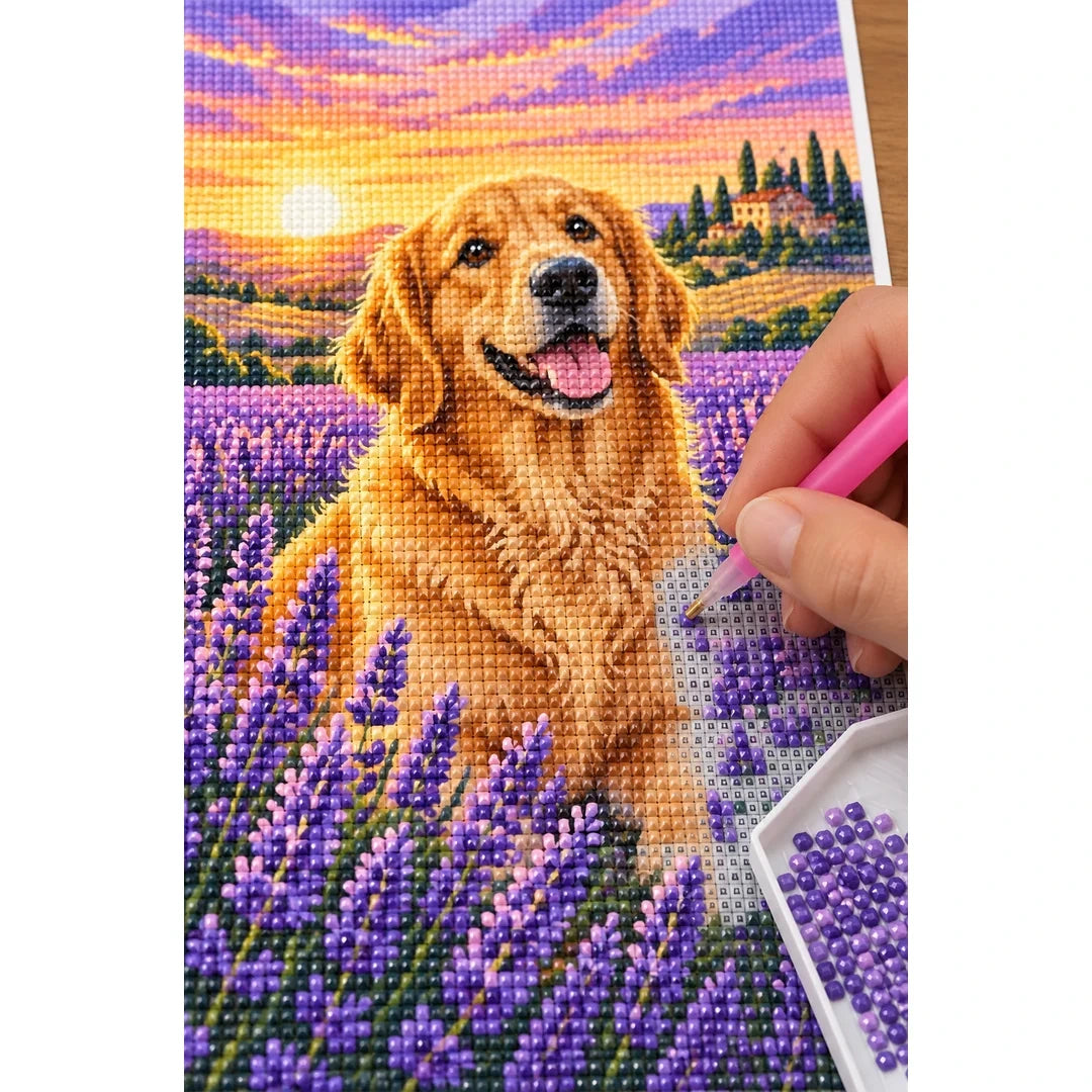 Golden Retriever Lavender Sunset Diamond Painting Kit diamond placement process