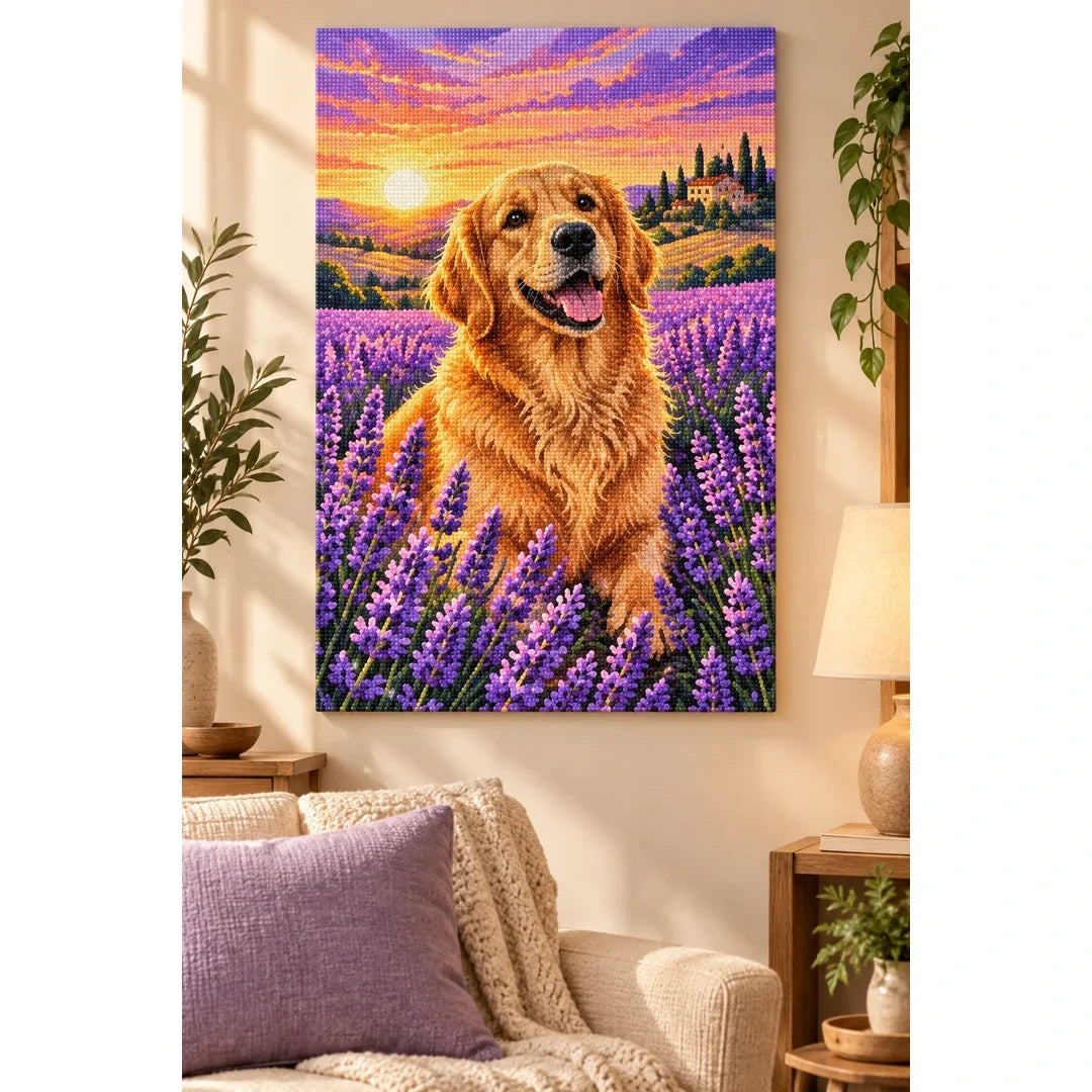Golden Retriever Lavender Sunset Diamond Painting Kit home decor scene
