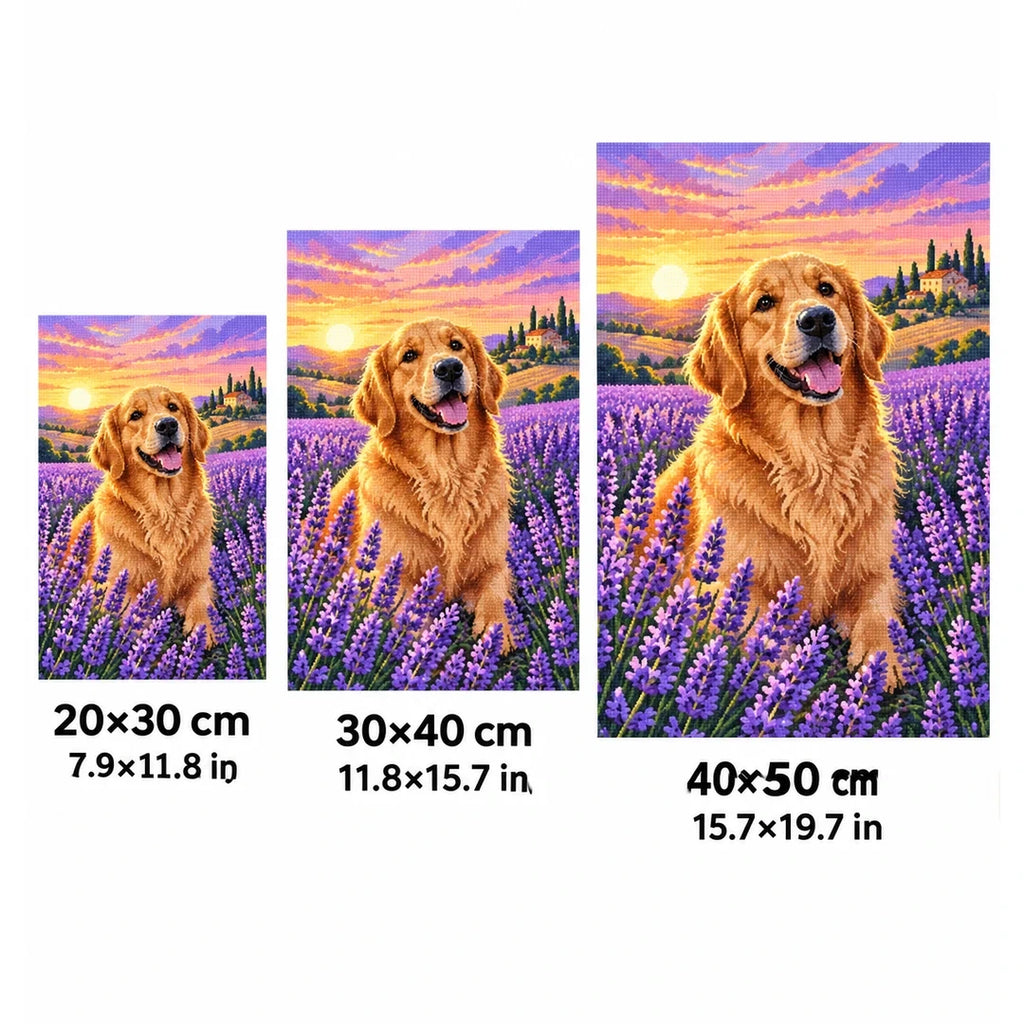 Golden Retriever Lavender Sunset Diamond Painting Kit size guide