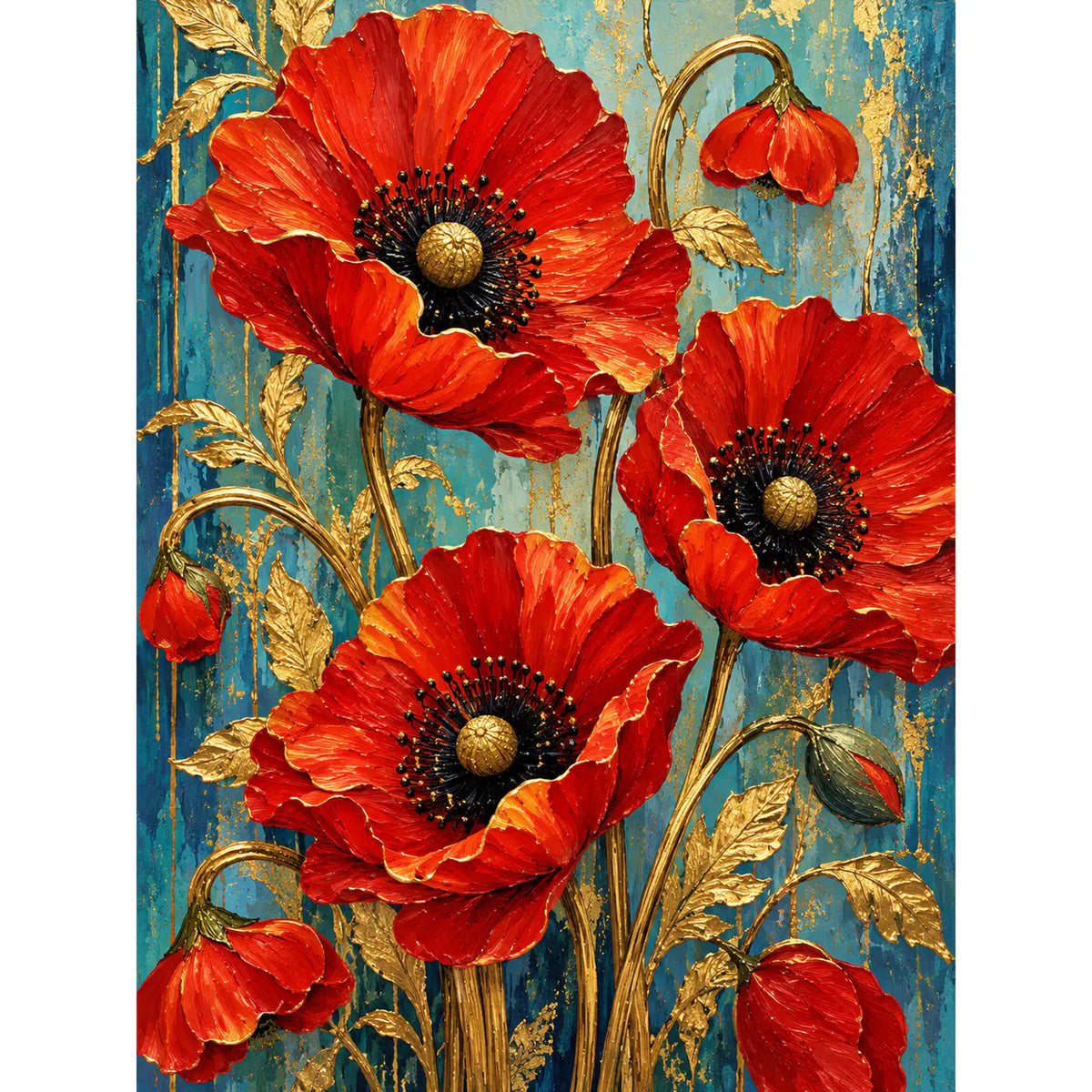 Original artwork showing golden stems and scarlet blooms.