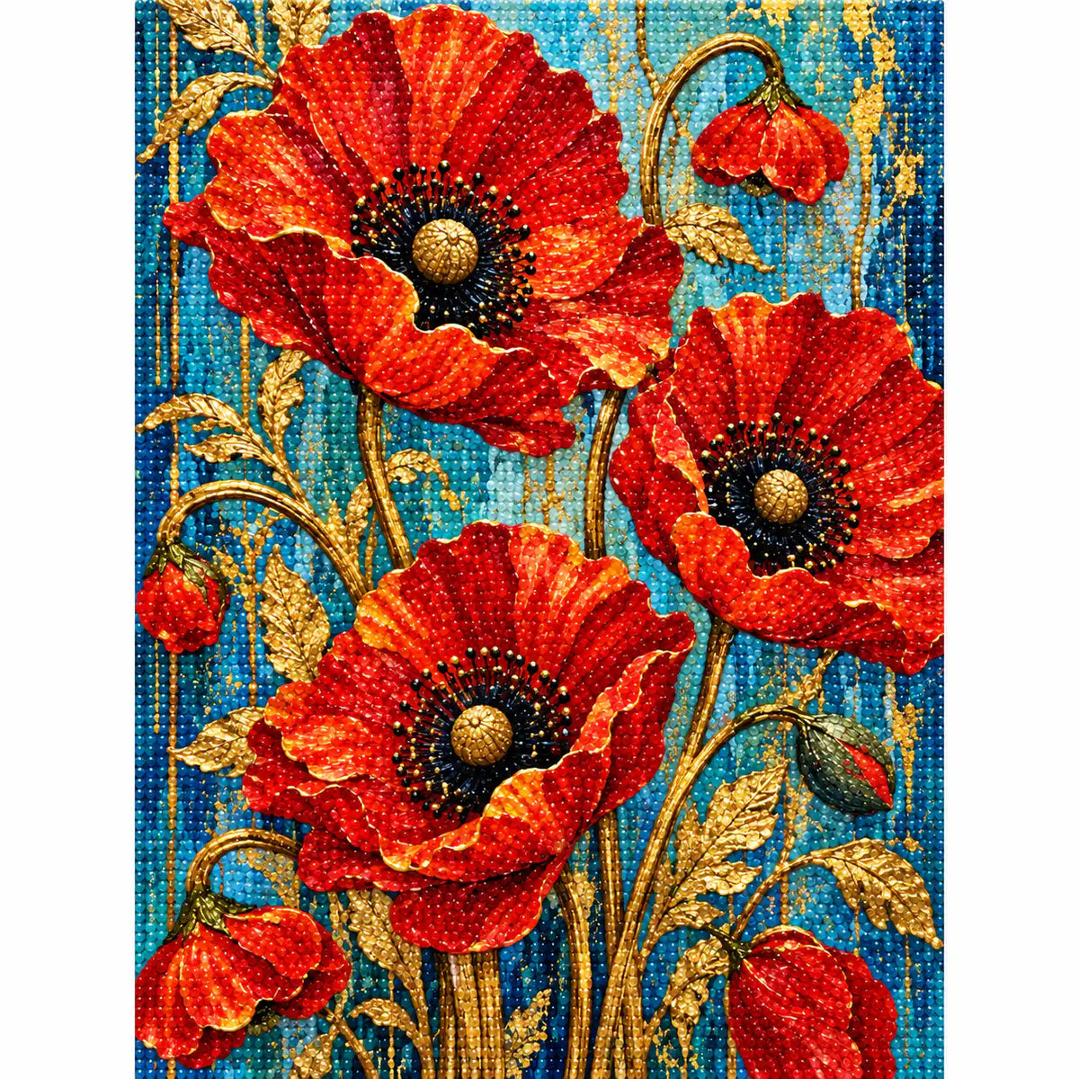 Finished diamond painting of golden stems and scarlet blooms.
