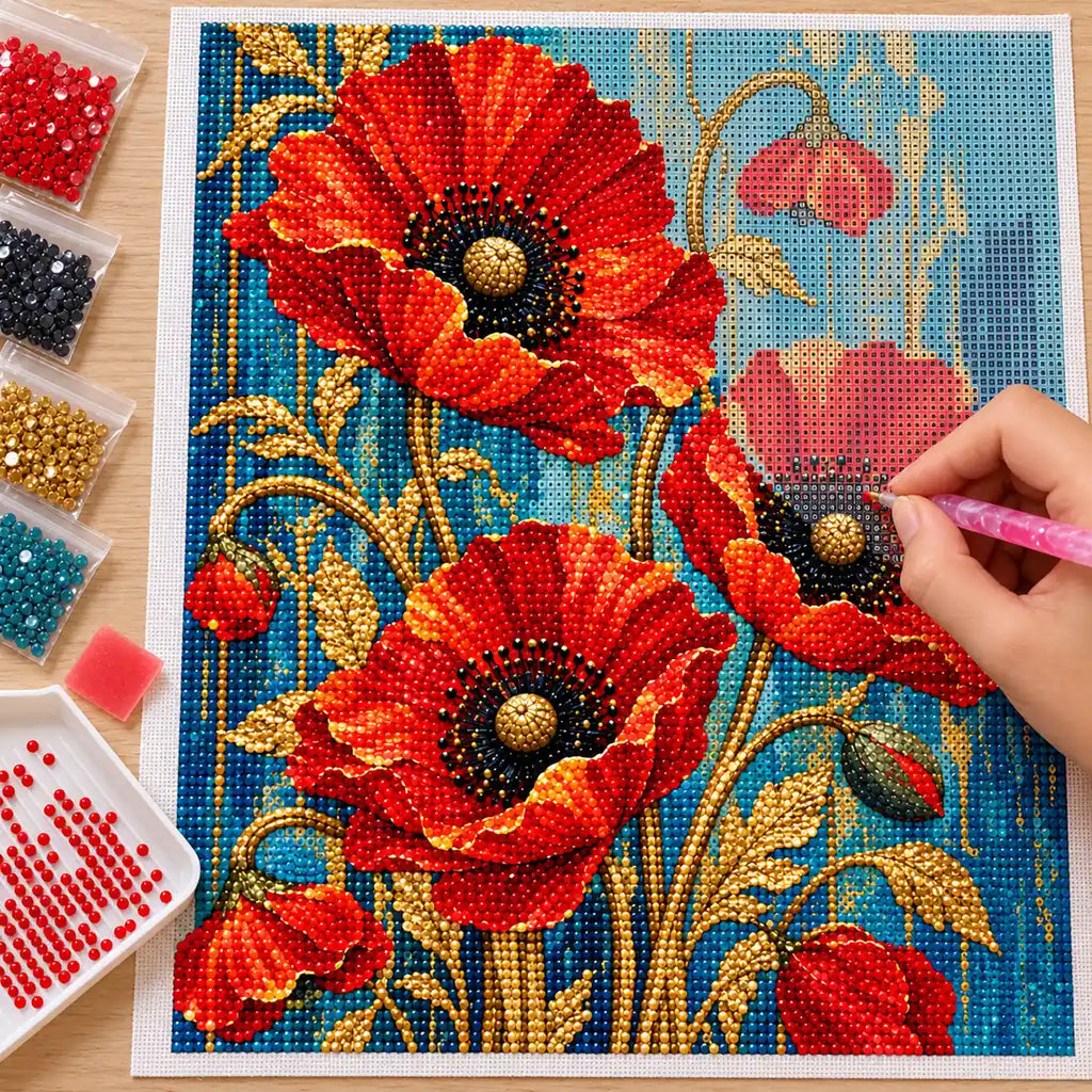 Diamond painting process for golden stems and scarlet blooms.