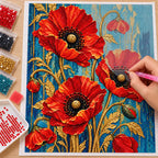 Diamond painting process for golden stems and scarlet blooms.