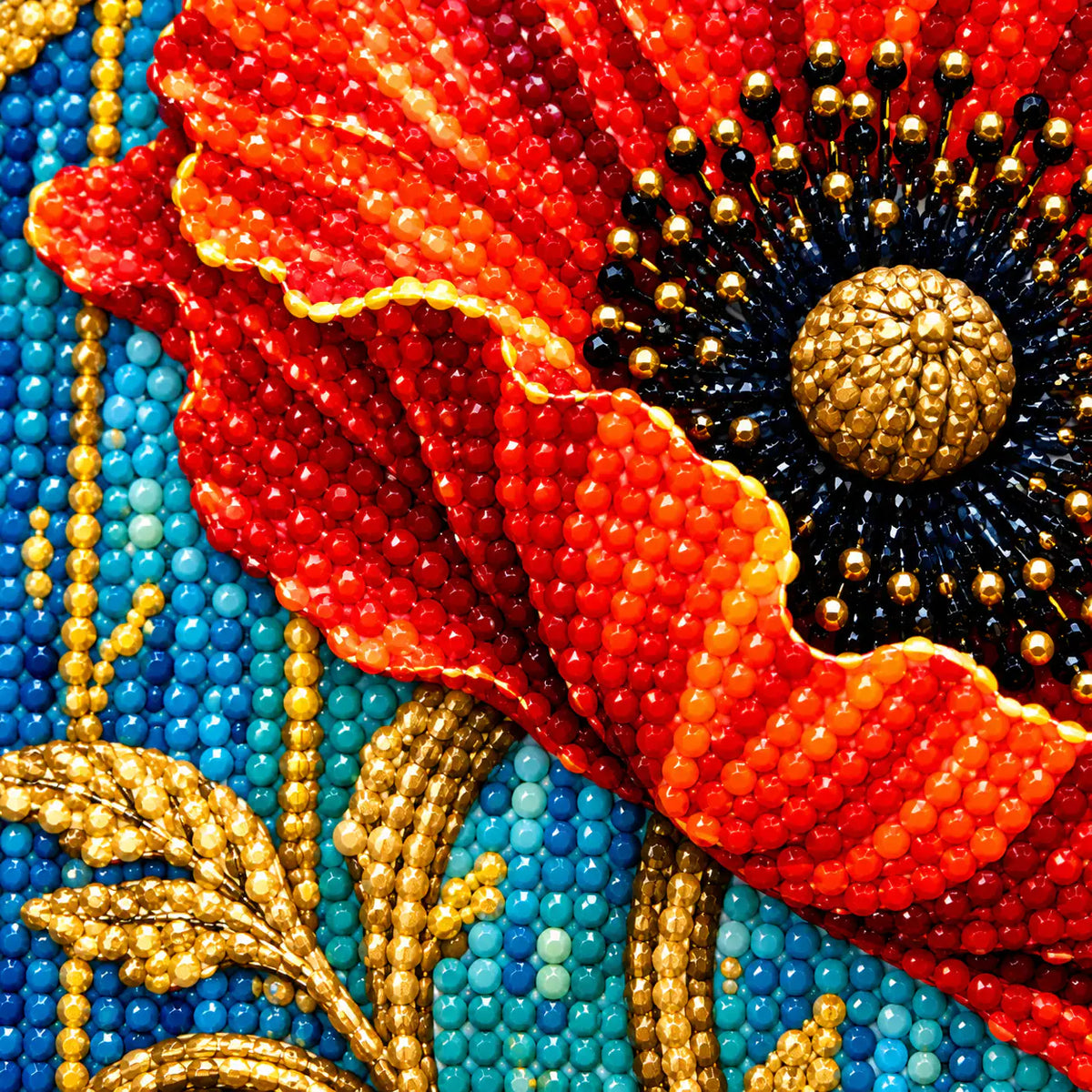 Close-up of diamond drill details in golden stems and scarlet blooms.