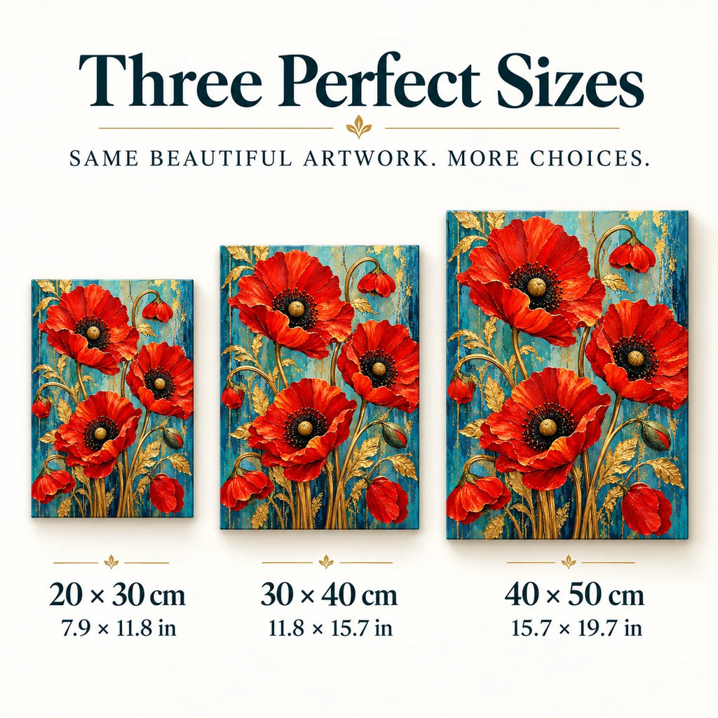 Size guide for Golden Stems And Scarlet Blooms Diamond Painting Kit: 20 × 30 cm, 30 × 40 cm, and 40 × 50 cm.