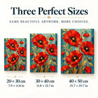 Size guide for Golden Stems And Scarlet Blooms Diamond Painting Kit: 20 × 30 cm, 30 × 40 cm, and 40 × 50 cm.