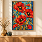 Home decor scene showing golden stems and scarlet blooms displayed on a wall.