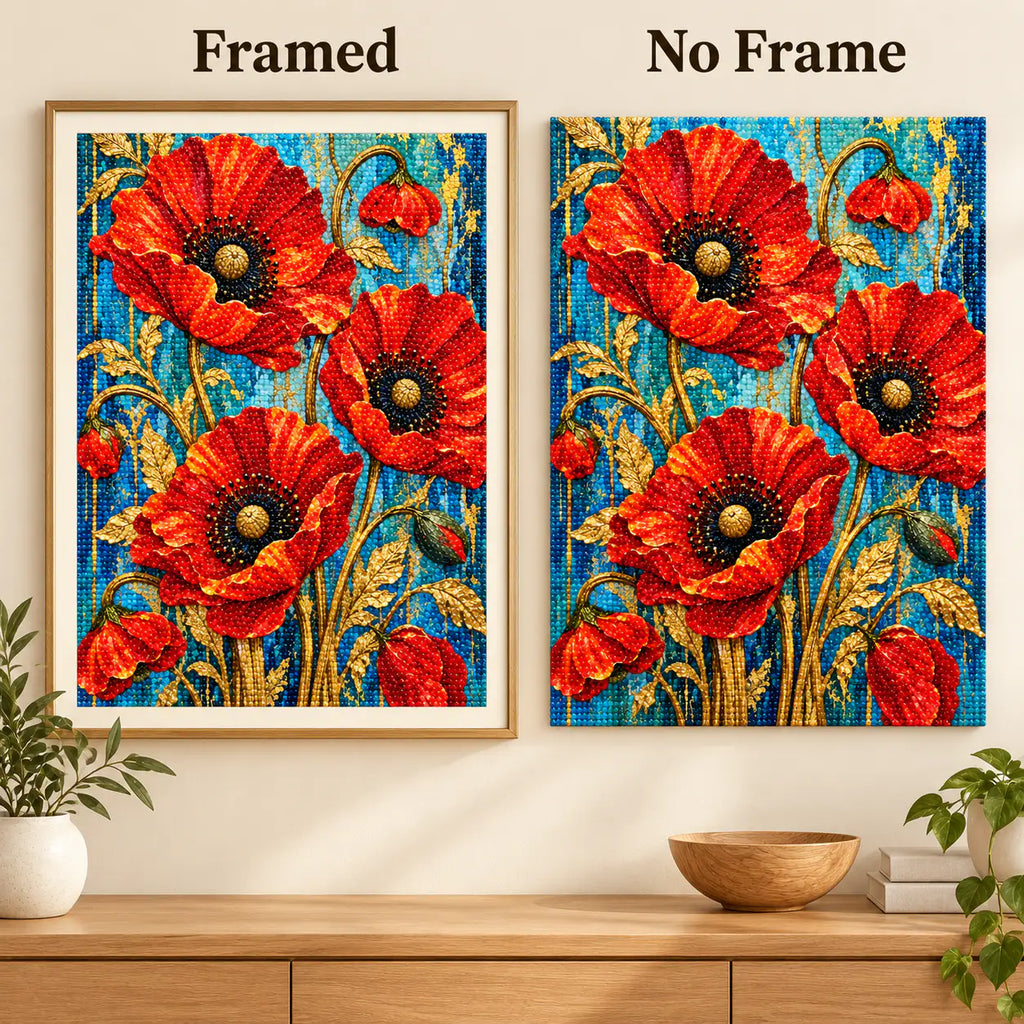 Framed and no-frame comparison for Golden Stems And Scarlet Blooms Diamond Painting Kit.