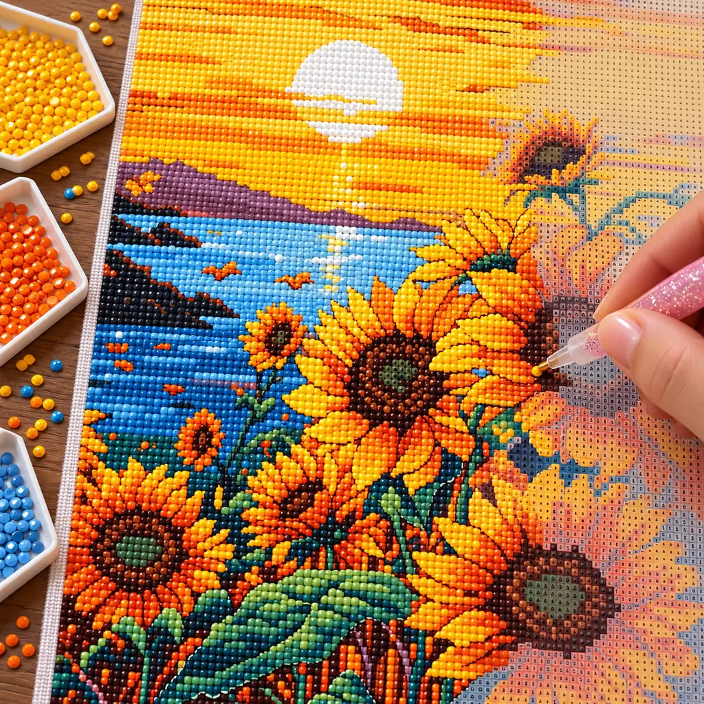 Diamond painting process for Golden Sunflower Glow, with drills being placed over sunflowers beside a lake beneath a glowing golden sunset.