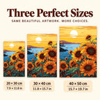 Size guide for Golden Sunflower Glow: 20 × 30 cm, 30 × 40 cm, and 40 × 50 cm.