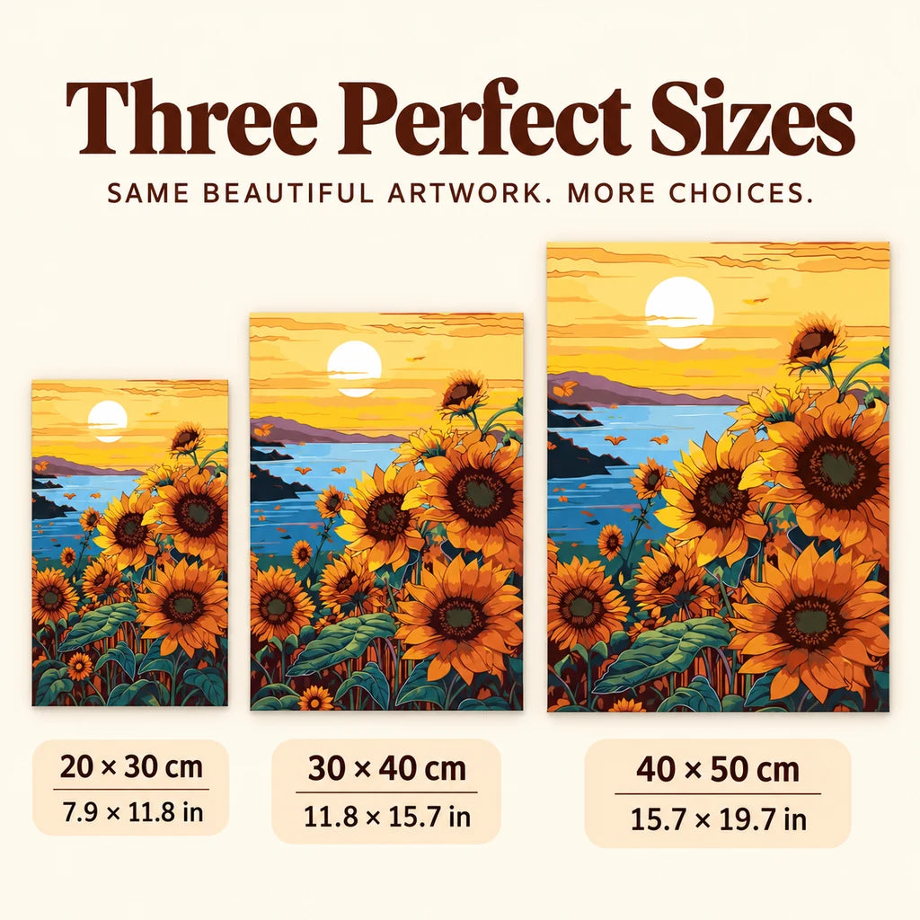 Size guide for Golden Sunflower Glow: 20 × 30 cm, 30 × 40 cm, and 40 × 50 cm.