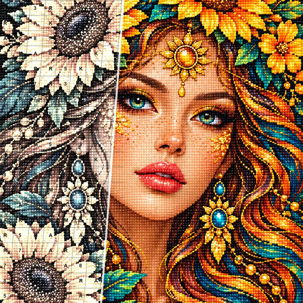 Golden Sunflower Goddess Diamond Painting Kit — Diamond and canvas detail