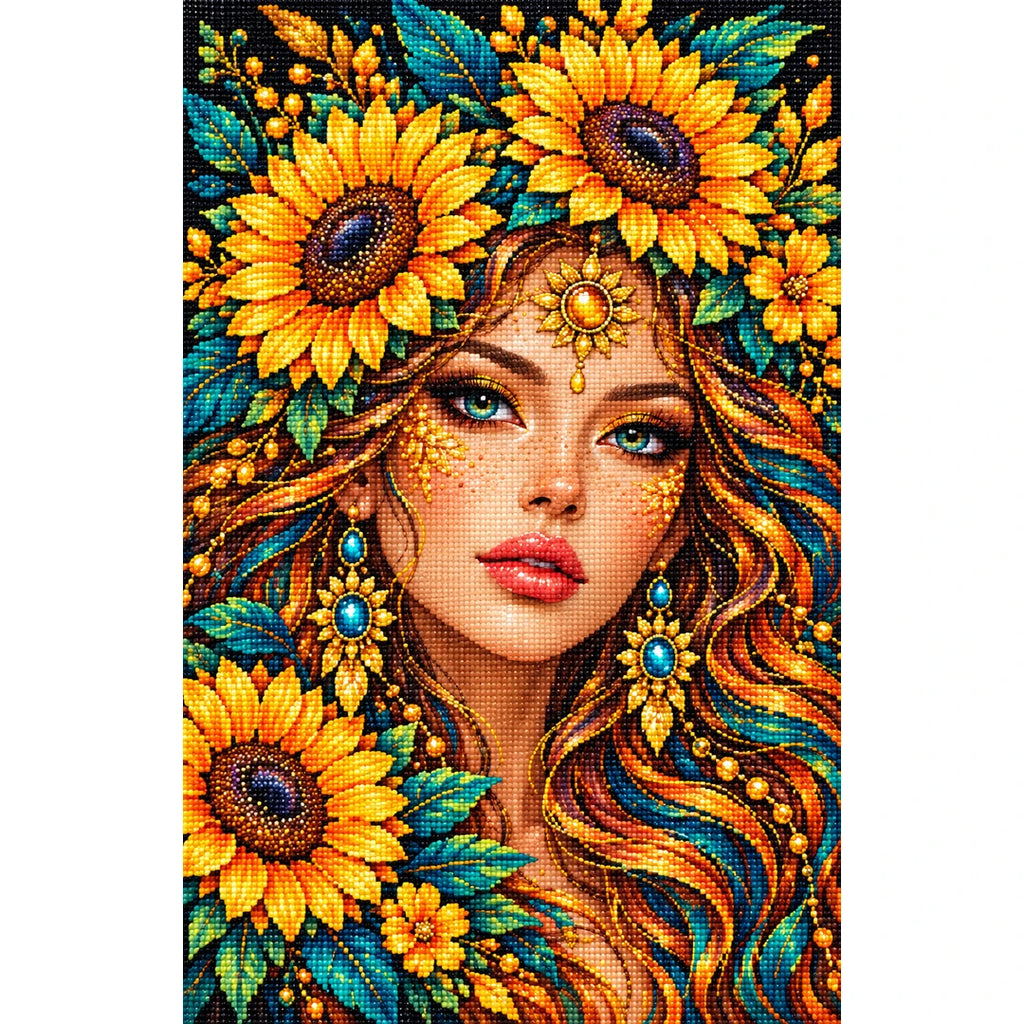 Golden Sunflower Goddess Diamond Painting Kit — Finished white-background diamond painting