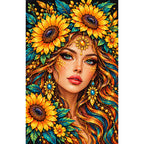 Golden Sunflower Goddess Diamond Painting Kit — Finished white-background diamond painting