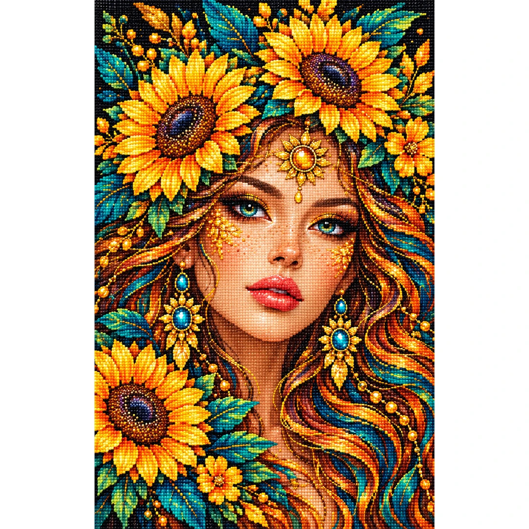 Golden Sunflower Goddess Diamond Painting Kit — Finished white-background diamond painting