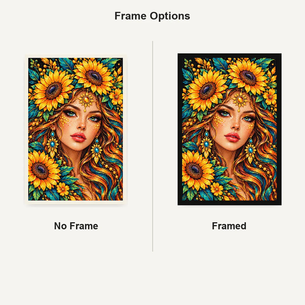 Golden Sunflower Goddess Diamond Painting Kit — No Frame and Framed comparison