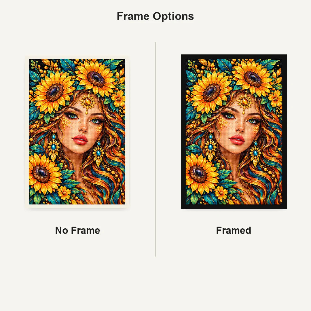 Golden Sunflower Goddess Diamond Painting Kit — No Frame and Framed comparison