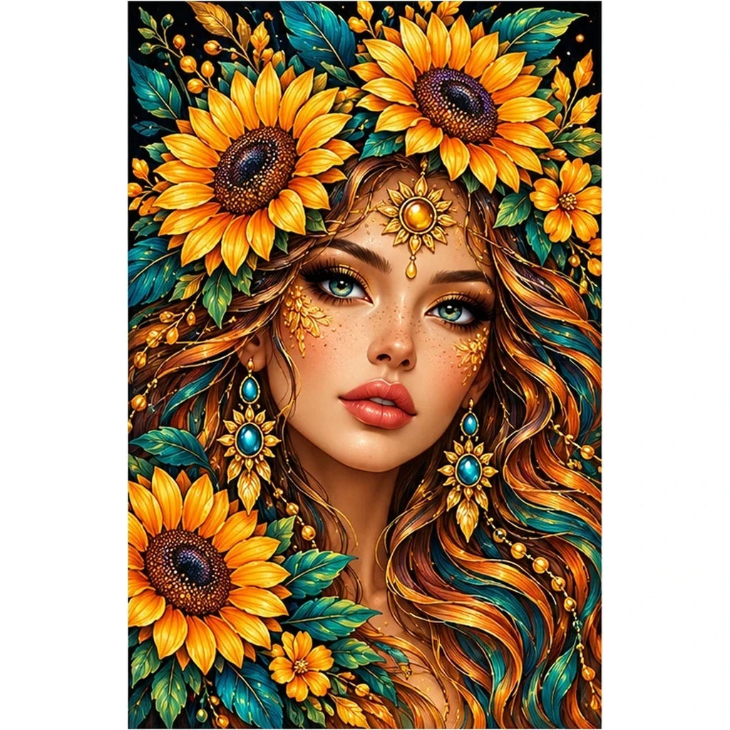Golden Sunflower Goddess Diamond Painting Kit — original white-background artwork