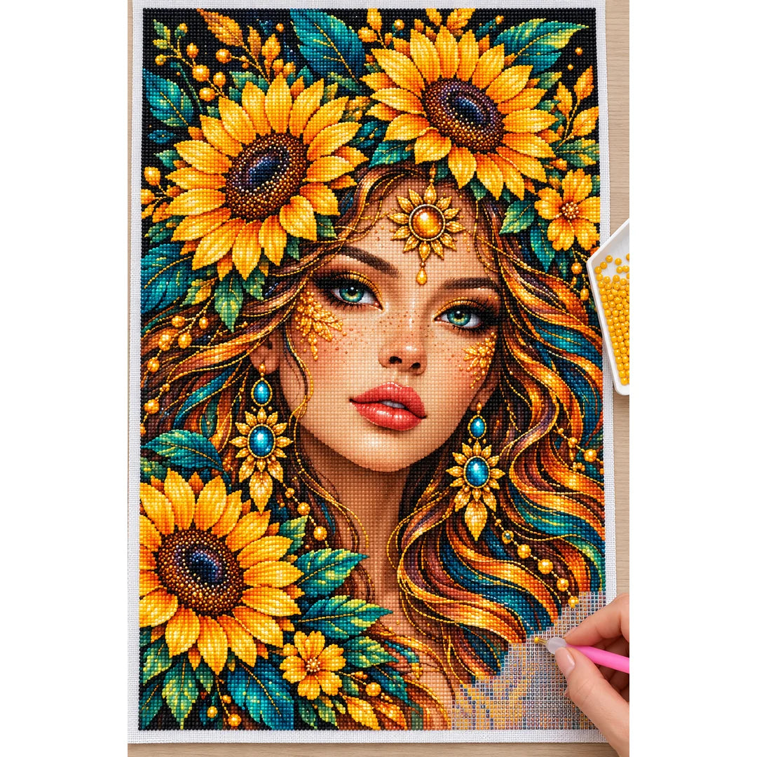 Golden Sunflower Goddess Diamond Painting Kit — Diamond painting process