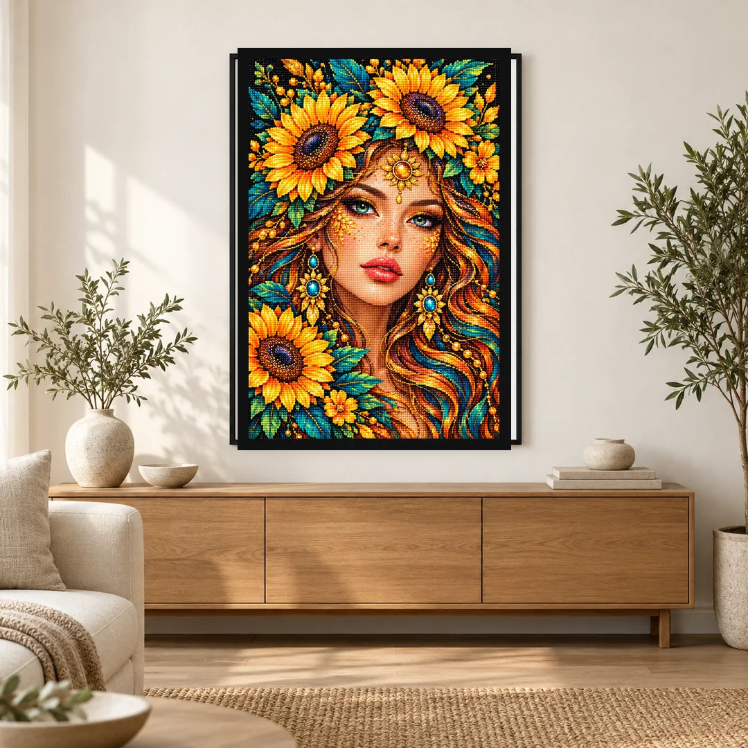 Golden Sunflower Goddess Diamond Painting Kit — Home decor scene