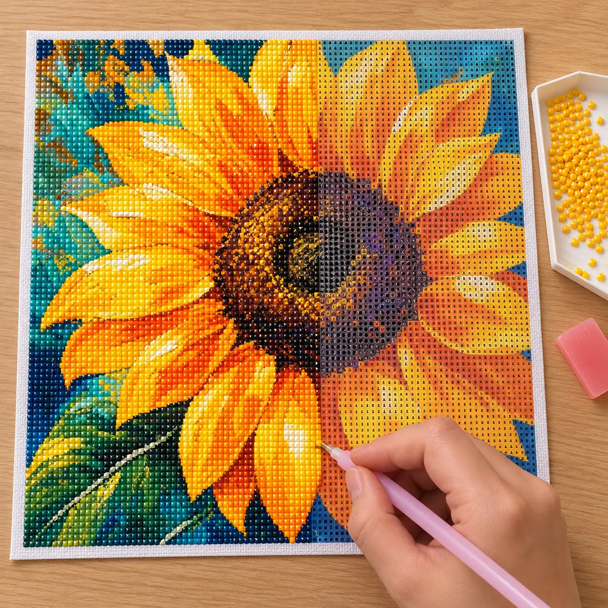 Diamond painting process for Sunlit Golden Bloom