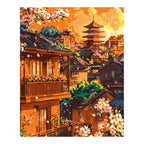 Original artwork for Golden Sunset Pagoda Diamond Painting Kit