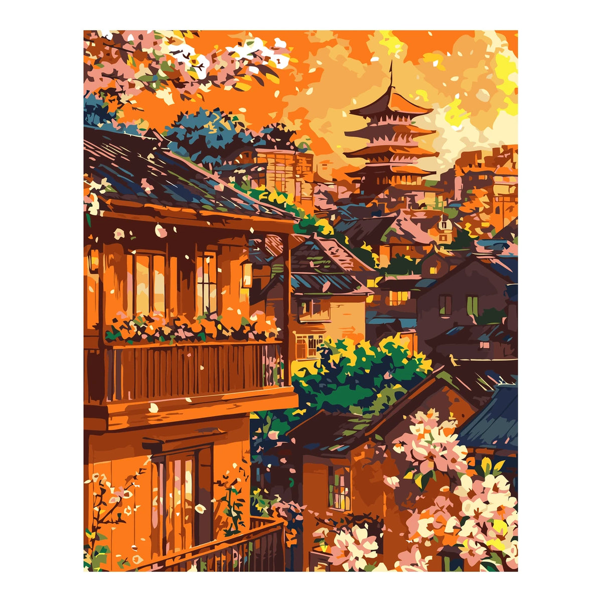 Original artwork for Golden Sunset Pagoda Diamond Painting Kit