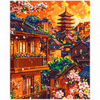 Finished diamond painting for Golden Sunset Pagoda Diamond Painting Kit