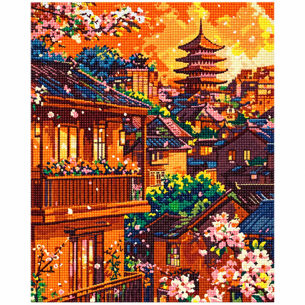 Finished diamond painting for Golden Sunset Pagoda Diamond Painting Kit