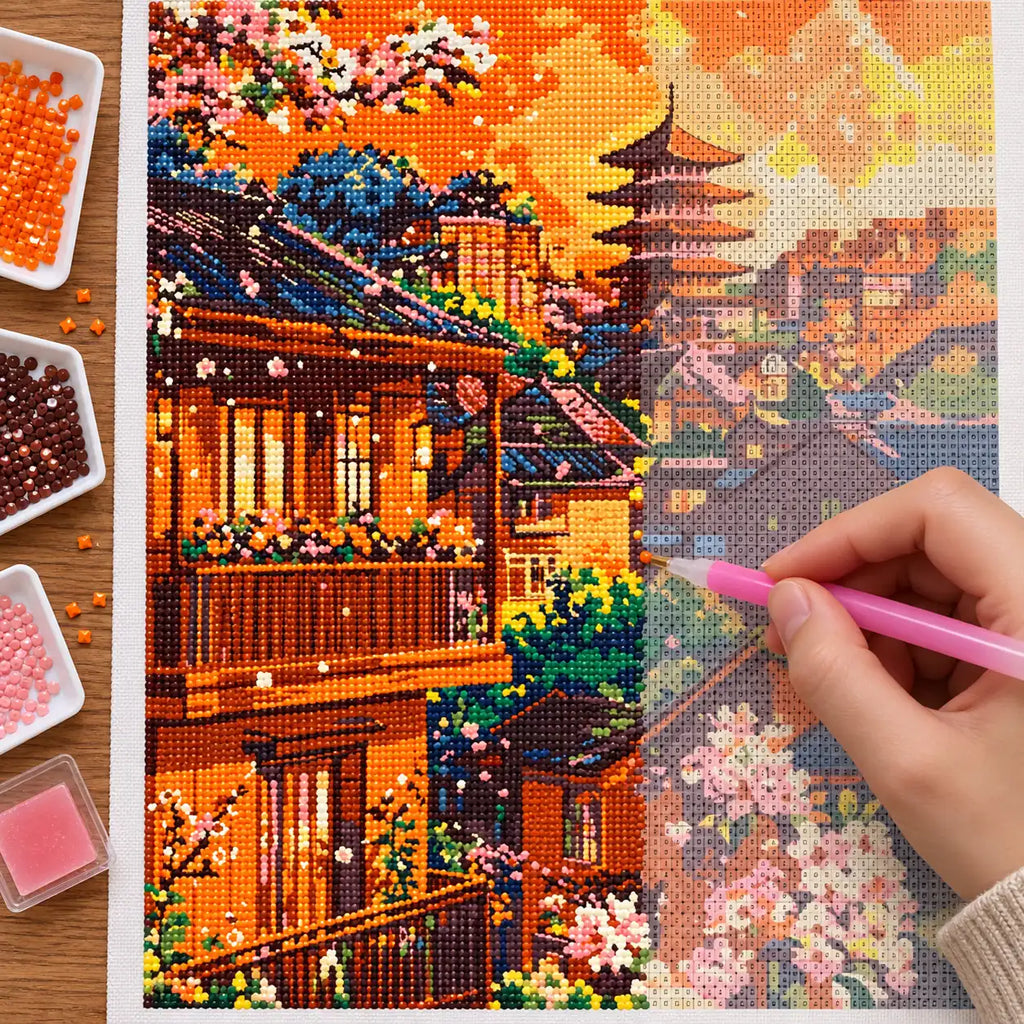 Diamond painting process for Golden Sunset Pagoda Diamond Painting Kit