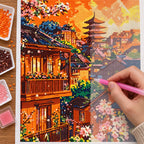 Diamond painting process for Golden Sunset Pagoda Diamond Painting Kit