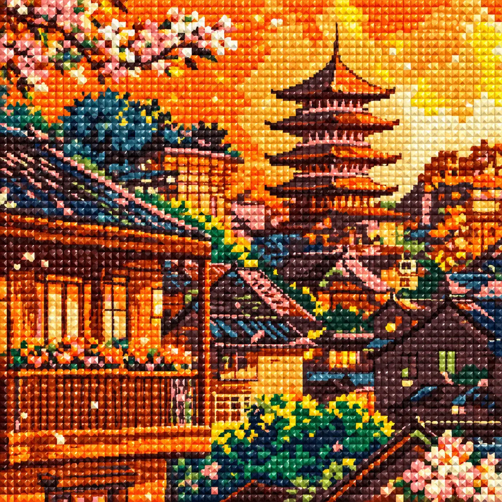 Diamond detail for Golden Sunset Pagoda Diamond Painting Kit