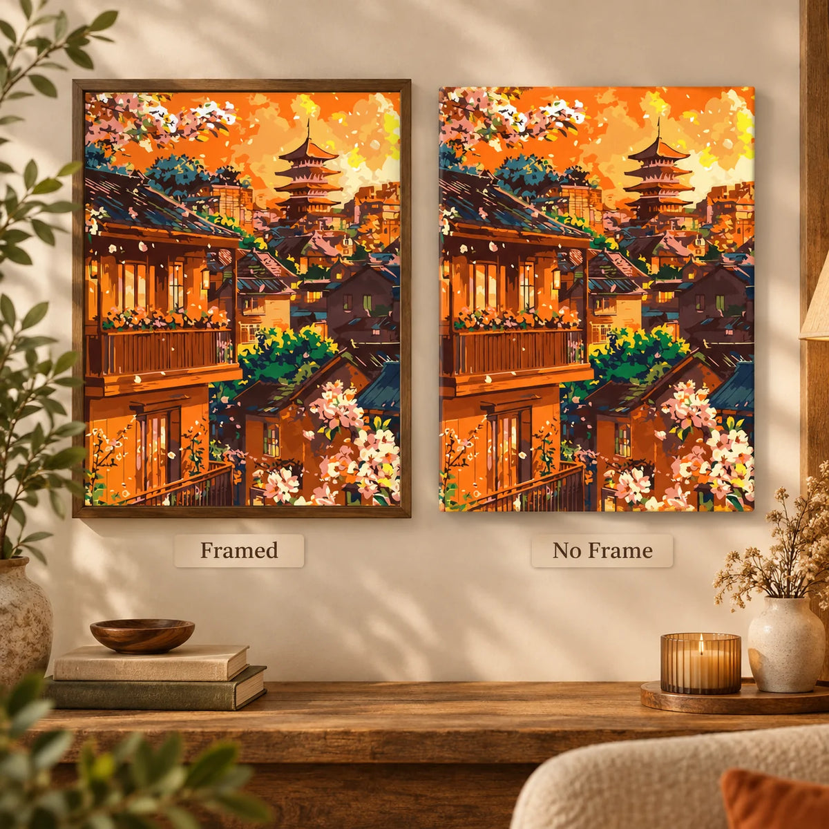 Framed and no-frame comparison for Golden Sunset Pagoda Diamond Painting Kit